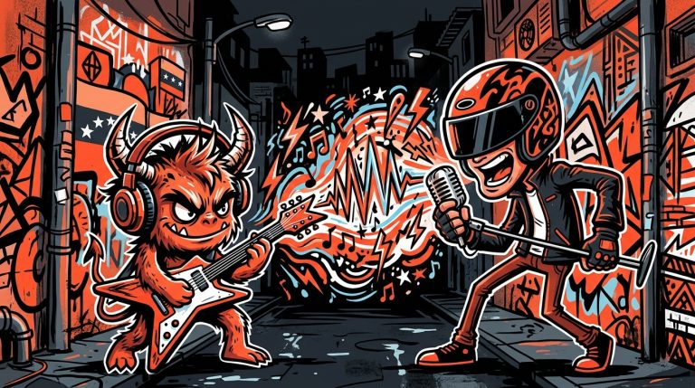 Ilustración urbana de dos personajes en una batalla musical, alusiva a la rivalidad entre las bandas Bestia Bebé y Él Mató.