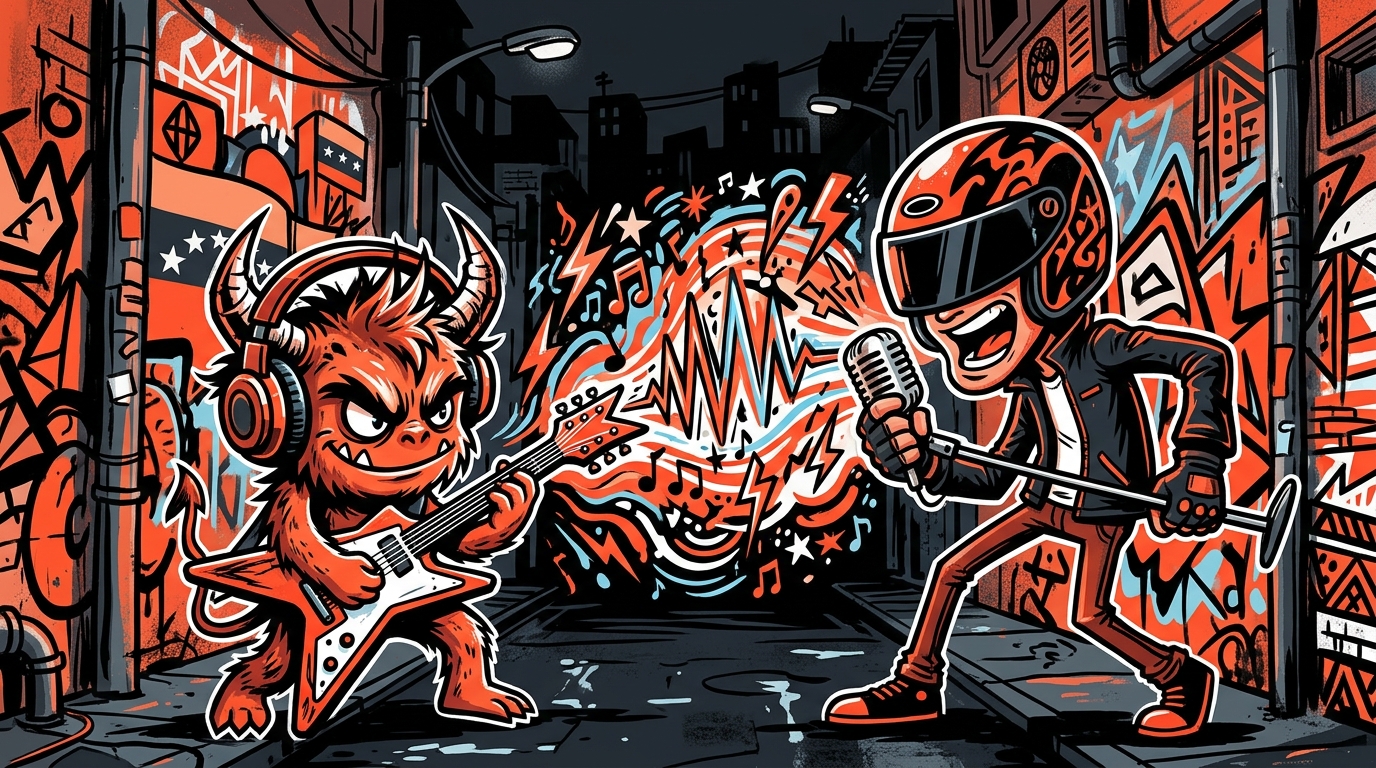 Ilustración urbana de dos personajes en una batalla musical, alusiva a la rivalidad entre las bandas Bestia Bebé y Él Mató.