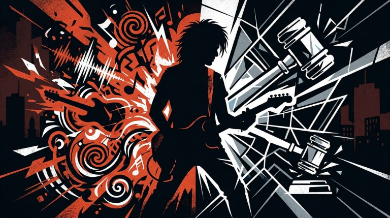 Ilustración de arte urbano sobre el juicio de Pity Álvarez: un rockero dividido entre la música y la ley.