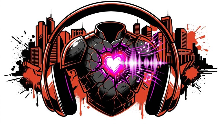 Ilustración del EP 'CORE' de Wonho: un núcleo musical quebrando una coraza de metal en un fondo urbano de estilo graffiti.