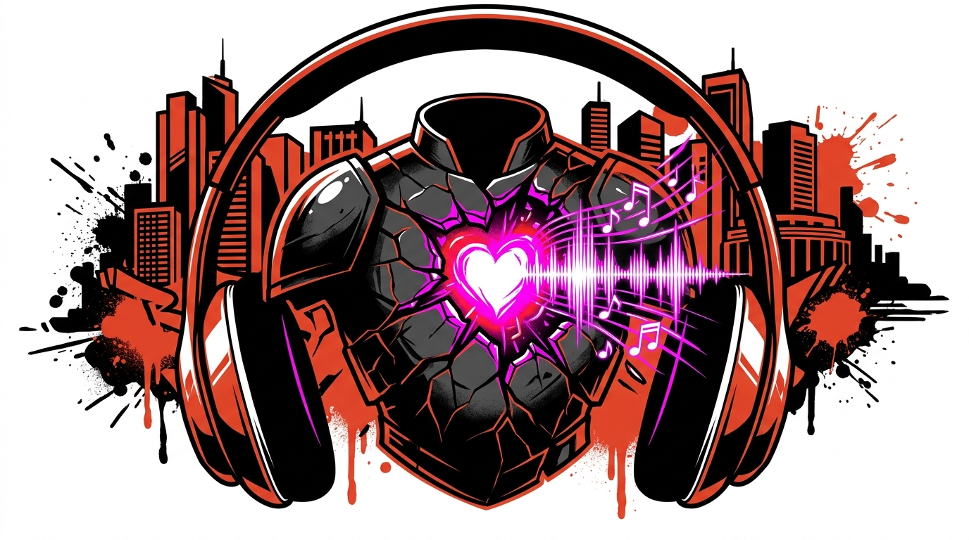 Ilustración del EP 'CORE' de Wonho: un núcleo musical quebrando una coraza de metal en un fondo urbano de estilo graffiti.