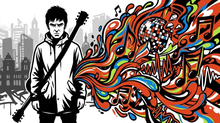 Ilustración urbana sobre la crítica de Liam Gallagher al show del Mundial. Un rockero ante una explosión de color pop.