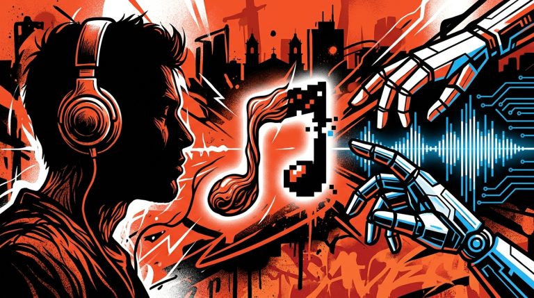 Ilustración urbana sobre la IA en la música: un artista versus la tecnología. Símbolo del debate sobre la creatividad humana.