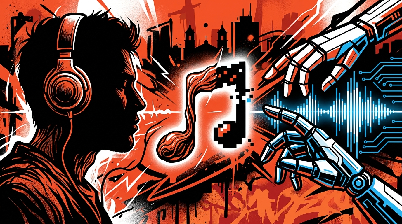 Ilustración urbana sobre la IA en la música: un artista versus la tecnología. Símbolo del debate sobre la creatividad humana.