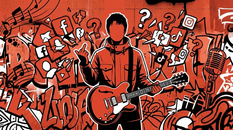 Ilustración urbana sobre Liam Gallagher y la negativa a un nuevo álbum de Oasis. Arte para la noticia de Bonchona Radio.