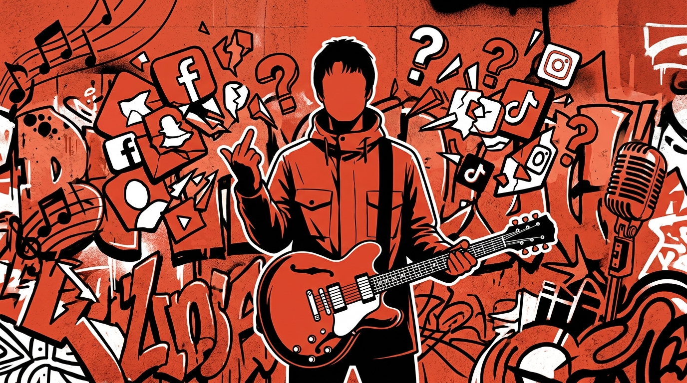 Ilustración urbana sobre Liam Gallagher y la negativa a un nuevo álbum de Oasis. Arte para la noticia de Bonchona Radio.