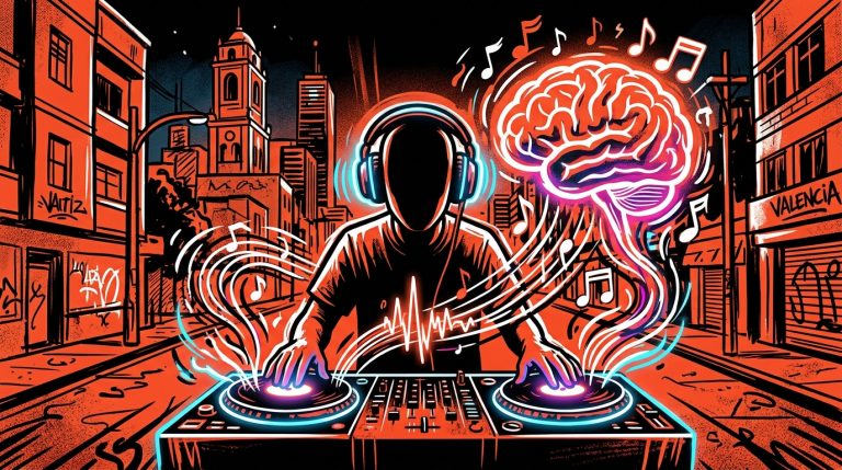 Ilustración urbana de un DJ. Simboliza la 'Universidad del Rave' de música electrónica en Bogotá, con colores vibrantes.