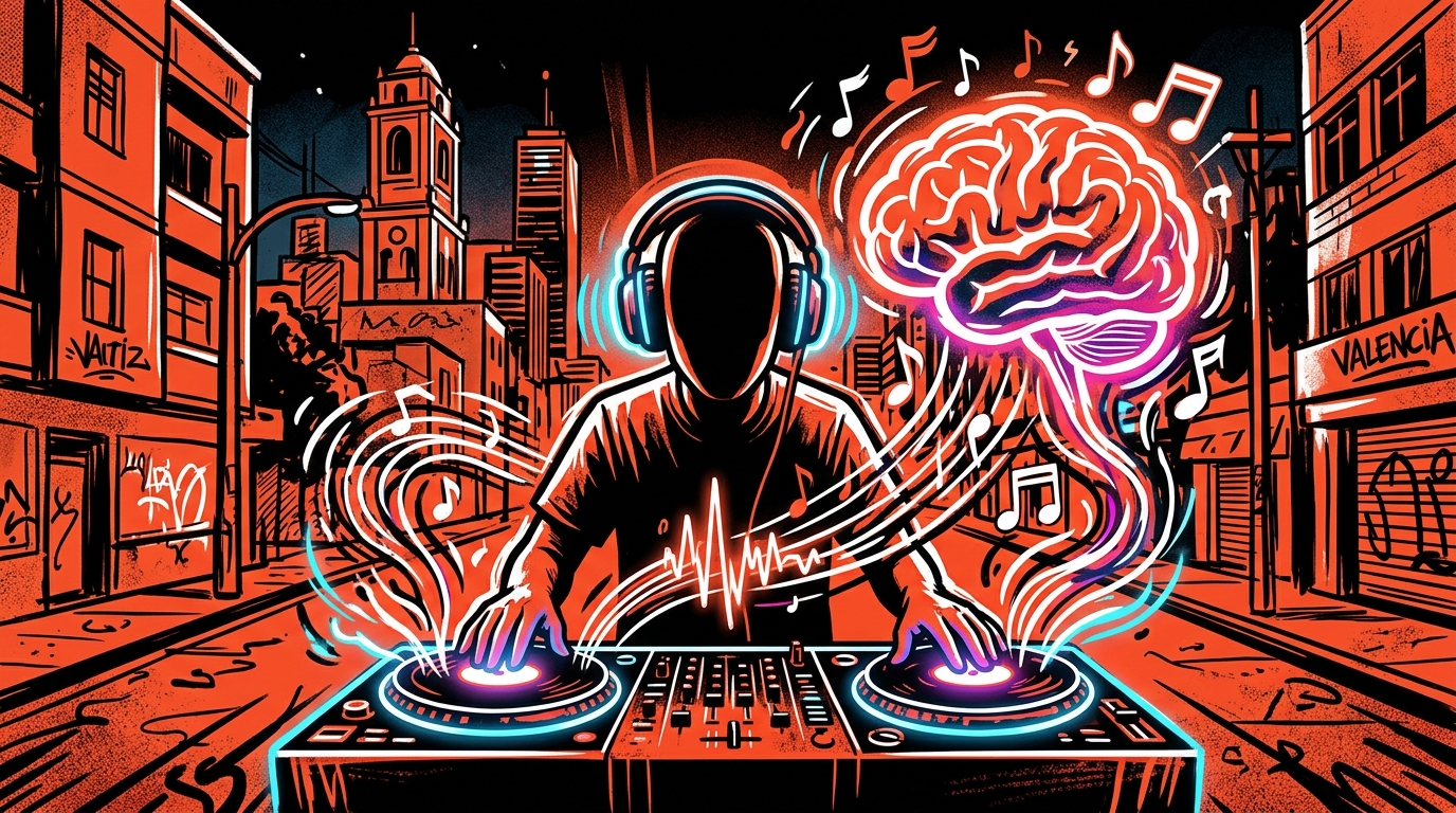 Ilustración urbana de un DJ. Simboliza la 'Universidad del Rave' de música electrónica en Bogotá, con colores vibrantes.