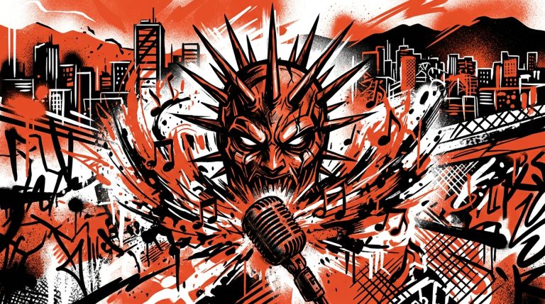 Ilustración urbana de la máscara de Slipknot y notas musicales explosivas, simbolizando la noticia de su nuevo álbum.