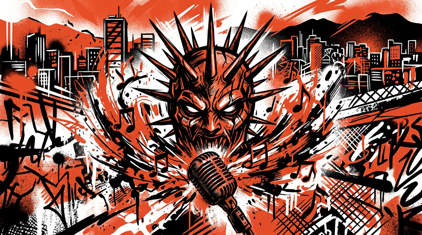 Ilustración urbana de la máscara de Slipknot y notas musicales explosivas, simbolizando la noticia de su nuevo álbum.