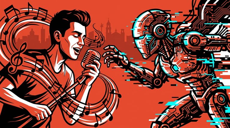 Ilustración urbana de un músico enfrentando a una inteligencia artificial, simbolizando la nueva ley del artista.