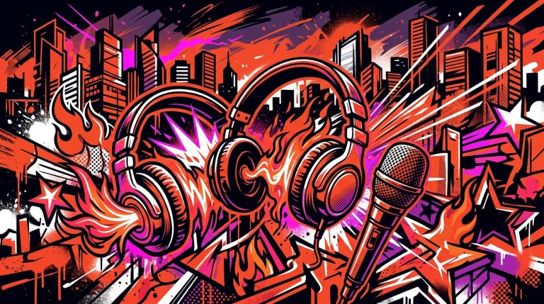 Ilustración urbana del tour SEXOLANDIA de Cachirula y Loojan. Micrófono y audífonos en estilo graffiti sobre fondo de ciudad.