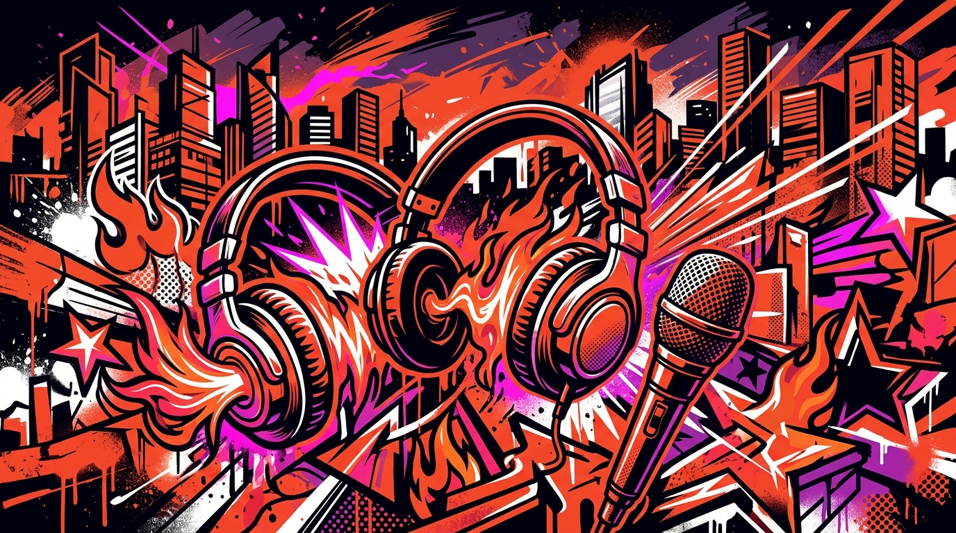 Ilustración urbana del tour SEXOLANDIA de Cachirula y Loojan. Micrófono y audífonos en estilo graffiti sobre fondo de ciudad.