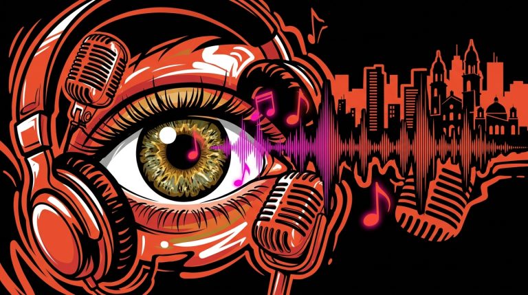 Ilustración street art sobre la nueva música de Sam Smith: un ojo avellana emite ondas sobre la ciudad de Valencia.