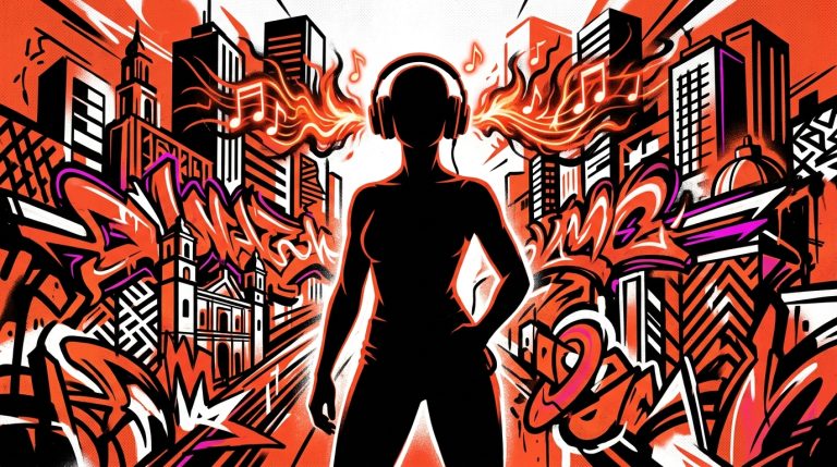 Ilustración urbana de una silueta con audífonos, simbolizando la autenticidad del nuevo EP 'OriginaLyn' de la artista Hyolyn.