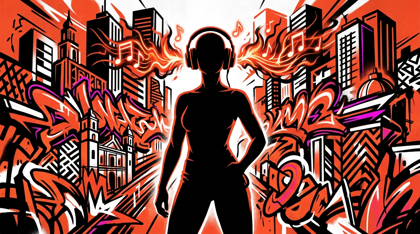 Ilustración urbana de una silueta con audífonos, simbolizando la autenticidad del nuevo EP 'OriginaLyn' de la artista Hyolyn.
