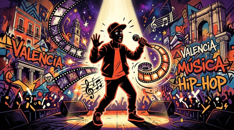 Ilustración urbana sobre Travis Scott y su salto al cine. Símbolos de música y películas se mezclan en un arte colorido.