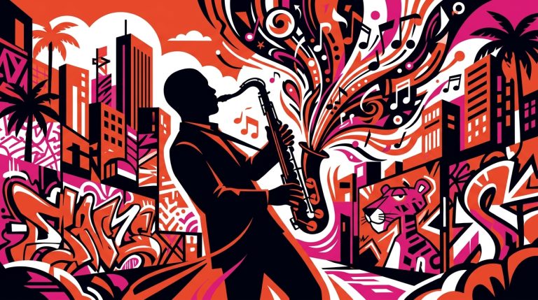 Ilustración urbana de un saxofonista anónimo en homenaje a Plas Johnson, el músico secreto de la Pantera Rosa. Colores vibrantes.