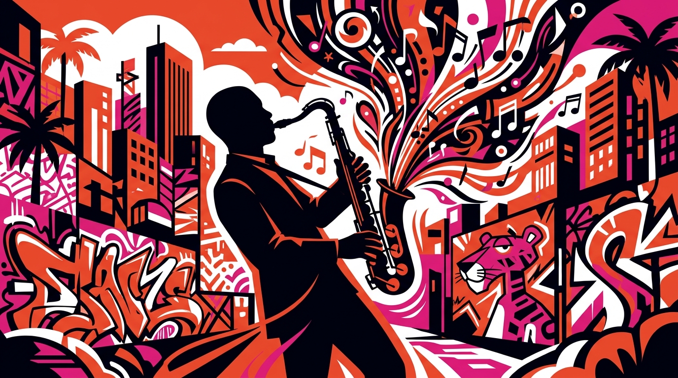 Ilustración urbana de un saxofonista anónimo en homenaje a Plas Johnson, el músico secreto de la Pantera Rosa. Colores vibrantes.