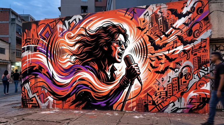 Ilustración de arte urbano en homenaje a Ozzy Osbourne de Black Sabbath, con murciélagos y notas musicales en estilo graffiti.