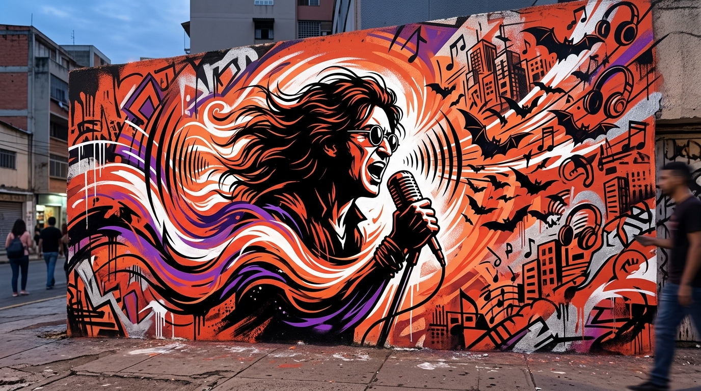 Ilustración de arte urbano en homenaje a Ozzy Osbourne de Black Sabbath, con murciélagos y notas musicales en estilo graffiti.