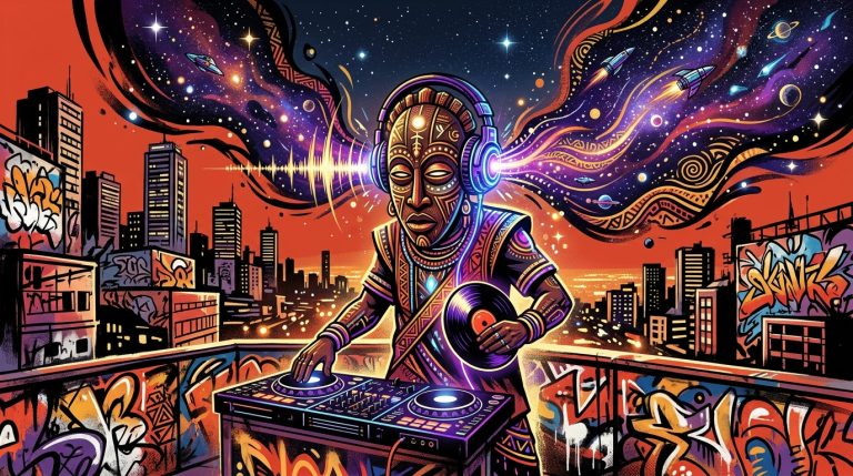 Ilustración de Afrofuturismo con estética urbana. Fusión de símbolos ancestrales, tecnología y música en colores vibrantes.