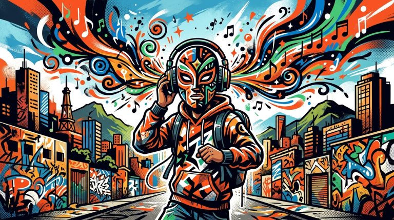Ilustración urbana de un músico enmascarado anónimo, representando el misterio del artista mexicano Chuyin para Bonchona Radio.