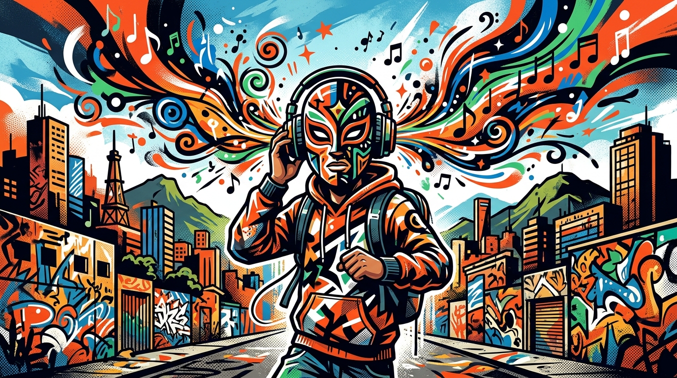 Ilustración urbana de un músico enmascarado anónimo, representando el misterio del artista mexicano Chuyin para Bonchona Radio.