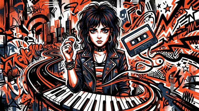 Ilustración urbana de una joven artista rodeada de música, inspirada en la historia del álbum 'Tidal' de Fiona Apple.