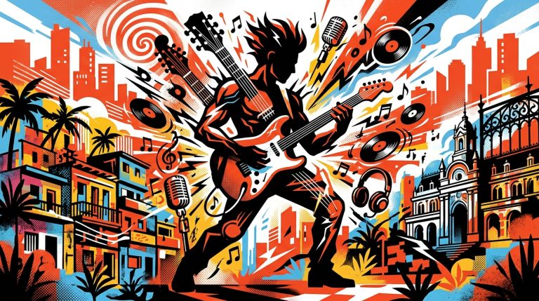 Ilustración urbana y colorida de un guitarrista, inspirada en el concierto de Al Di Meola en Argentina.