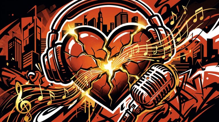 Ilustración urbana de un corazón con cicatrices doradas, simbolizando el nuevo disco de Ednita Nazario en Bonchona Radio.