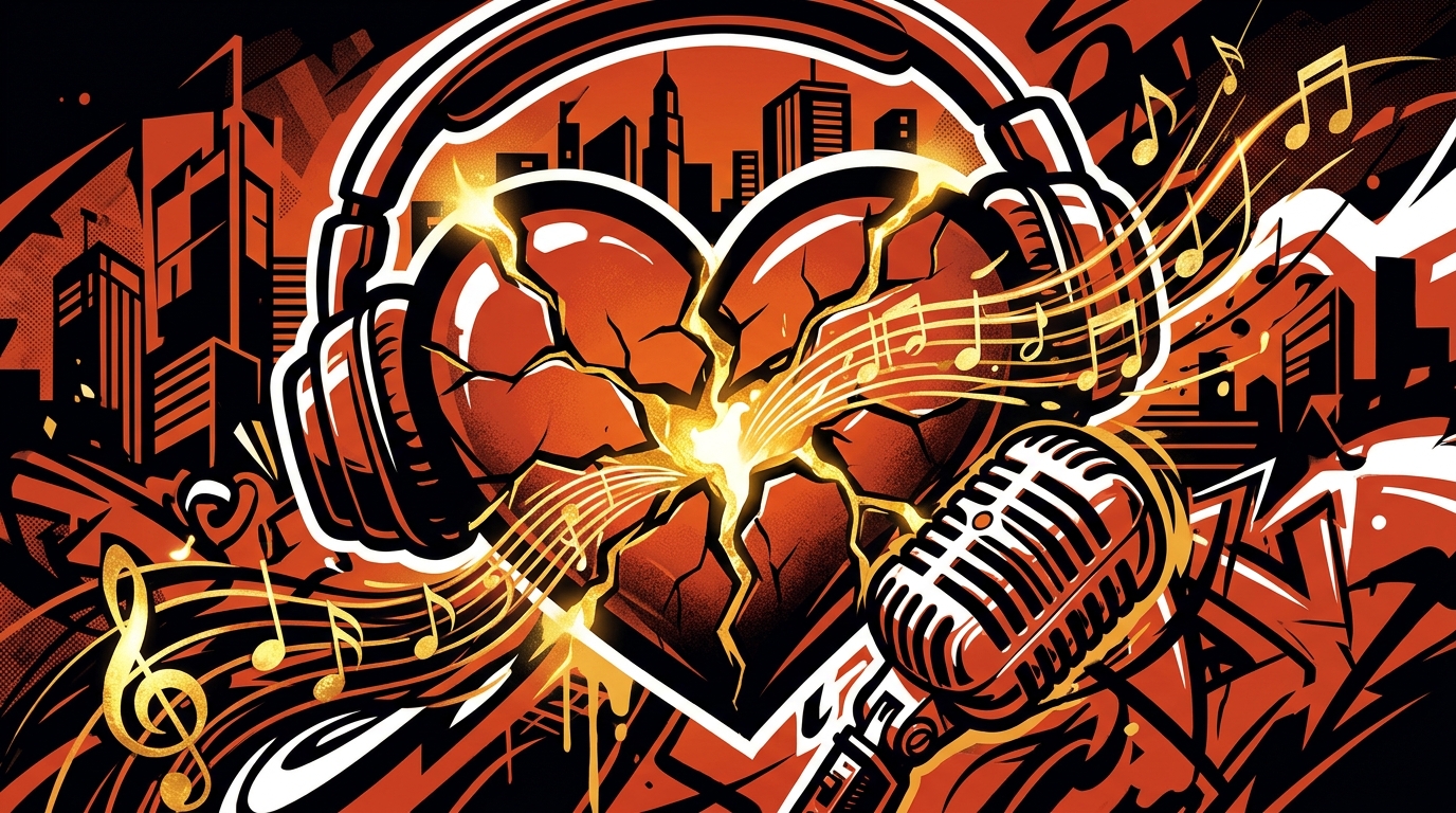 Ilustración urbana de un corazón con cicatrices doradas, simbolizando el nuevo disco de Ednita Nazario en Bonchona Radio.