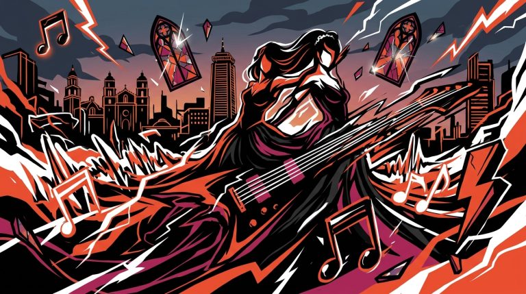 Ilustración urbana del pop pesado de EMJAY: una novia de negro con guitarras y notas musicales sobre Valencia.