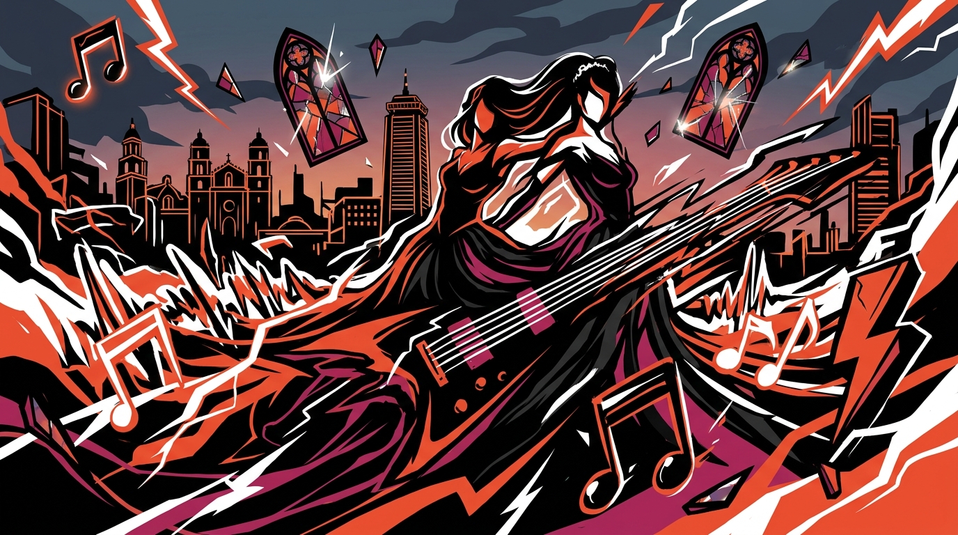 Ilustración urbana del pop pesado de EMJAY: una novia de negro con guitarras y notas musicales sobre Valencia.