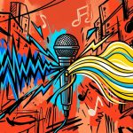 Ilustración urbana de la banda Xmosis. Un micrófono simboliza la unión del rock de ex-Ekhymosis con un cantante pop.