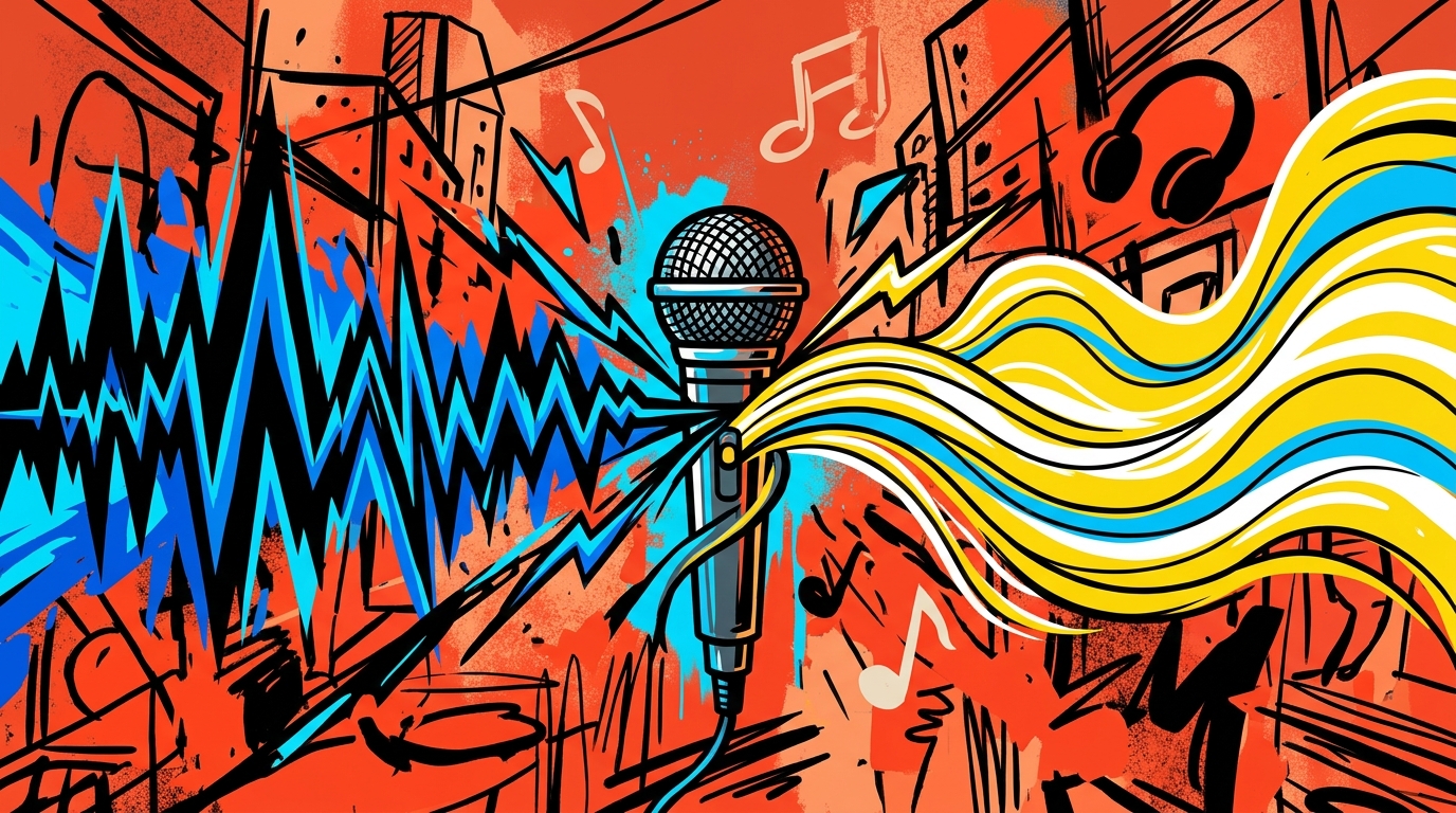 Ilustración urbana de la banda Xmosis. Un micrófono simboliza la unión del rock de ex-Ekhymosis con un cantante pop.