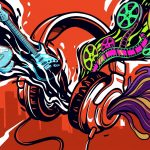 Ilustración de estrenos musicales de The Strokes, Charli XCX y Willow. Estilo urbano con audífonos y energía en colores vivos.
