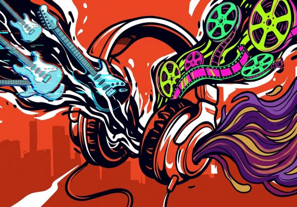 Ilustración de estrenos musicales de The Strokes, Charli XCX y Willow. Estilo urbano con audífonos y energía en colores vivos.