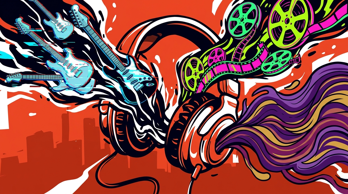 Ilustración de estrenos musicales de The Strokes, Charli XCX y Willow. Estilo urbano con audífonos y energía en colores vivos.