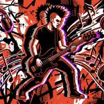 Ilustración urbana de un bajista punk con un doble, aludiendo a la historia de la banda Loquero y su portada con un impostor.