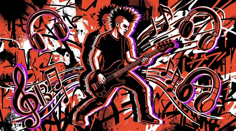 Ilustración urbana de un bajista punk con un doble, aludiendo a la historia de la banda Loquero y su portada con un impostor.