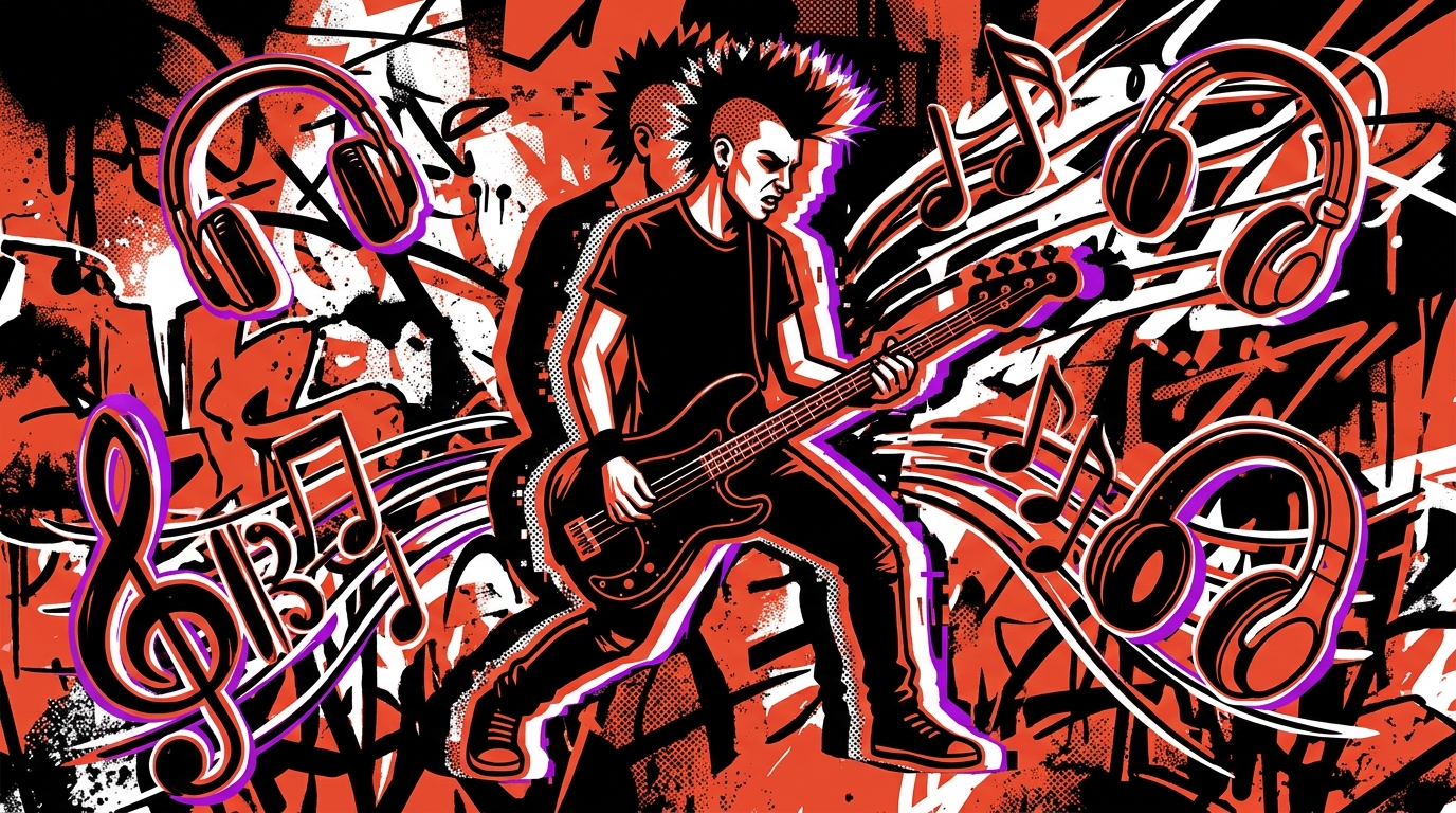 Ilustración urbana de un bajista punk con un doble, aludiendo a la historia de la banda Loquero y su portada con un impostor.