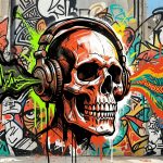 Ilustración urbana de una calavera con audífonos, simbolizando el hip hop de Cypress Hill y su fusión con ritmos latinos.