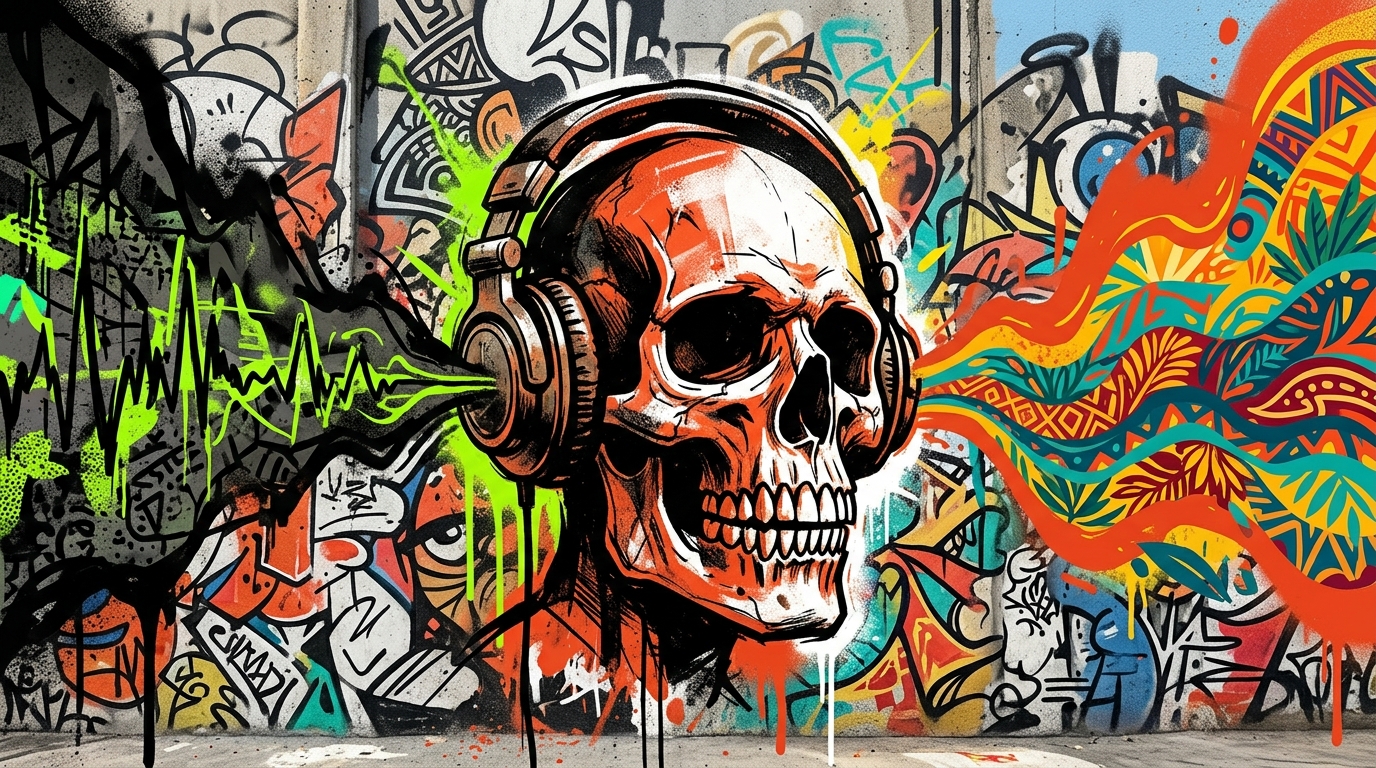 Ilustración urbana de una calavera con audífonos, simbolizando el hip hop de Cypress Hill y su fusión con ritmos latinos.