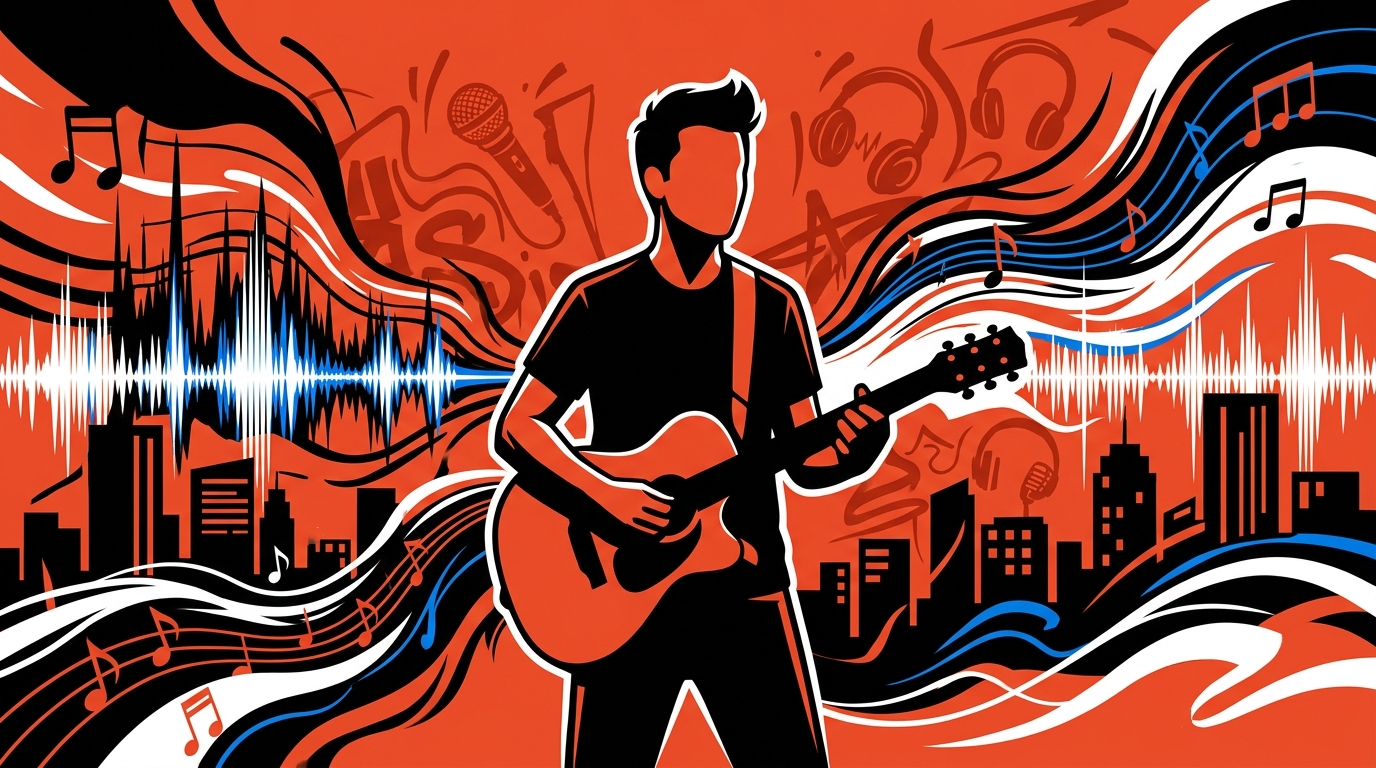 Arte urbano de un cantante con guitarra. Simboliza la gira SUPERIOR de Manuel Medrano y su expansión por Latinoamérica.