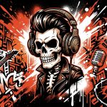 Ilustración de arte urbano sobre el regreso de Social Distortion. Calavera punk con audífonos y fondo de ciudad venezolana.