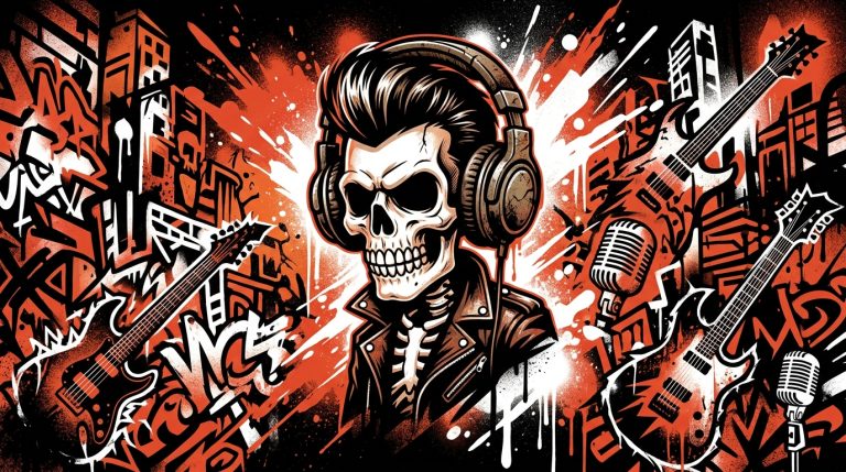 Ilustración de arte urbano sobre el regreso de Social Distortion. Calavera punk con audífonos y fondo de ciudad venezolana.