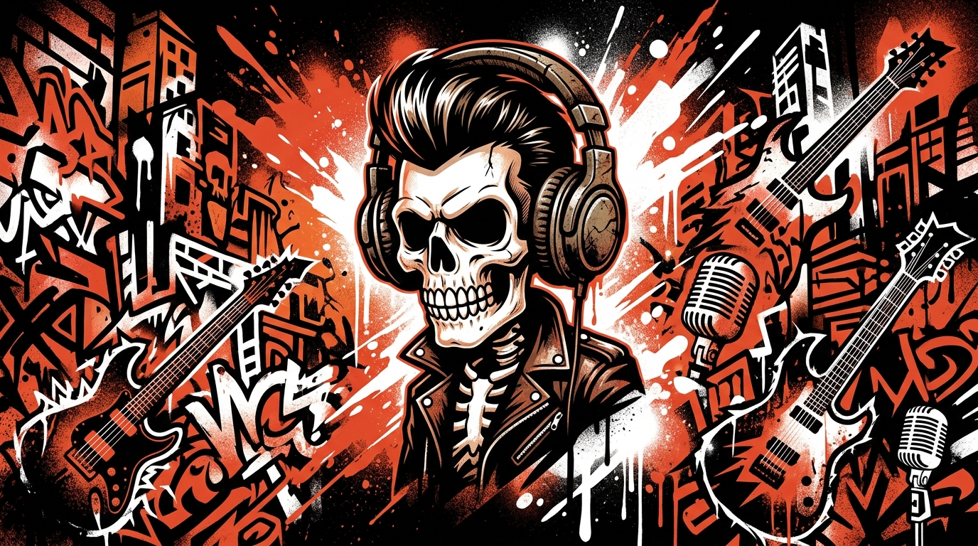 Ilustración de arte urbano sobre el regreso de Social Distortion. Calavera punk con audífonos y fondo de ciudad venezolana.