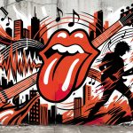 Ilustración urbana y colorida sobre el concierto de Ron Wood en Argentina, con la lengua icónica del rock como protagonista.