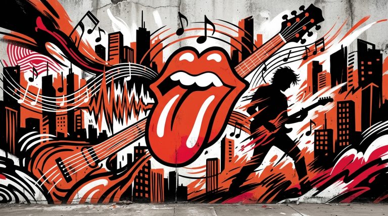 Ilustración urbana y colorida sobre el concierto de Ron Wood en Argentina, con la lengua icónica del rock como protagonista.
